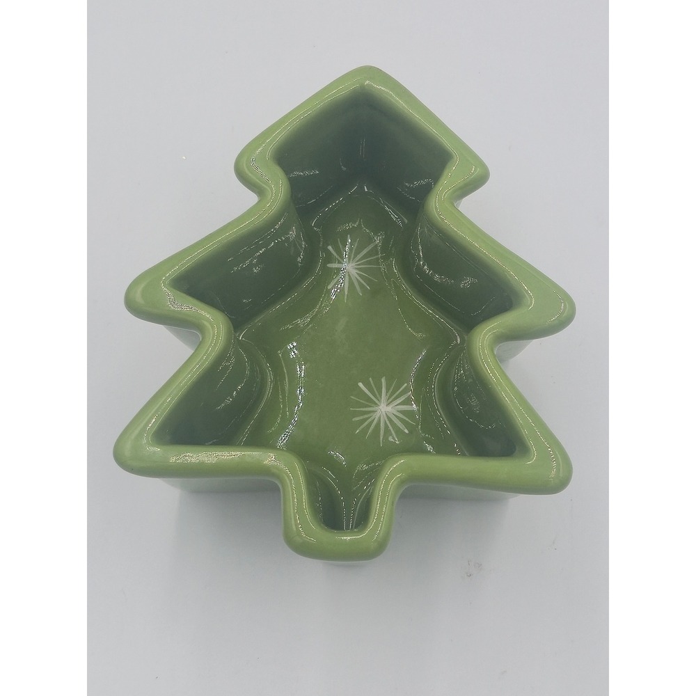 Hallmark Green Ceramic Christmas Tree Candy Dish Snowflake Holiday Serving Bowl